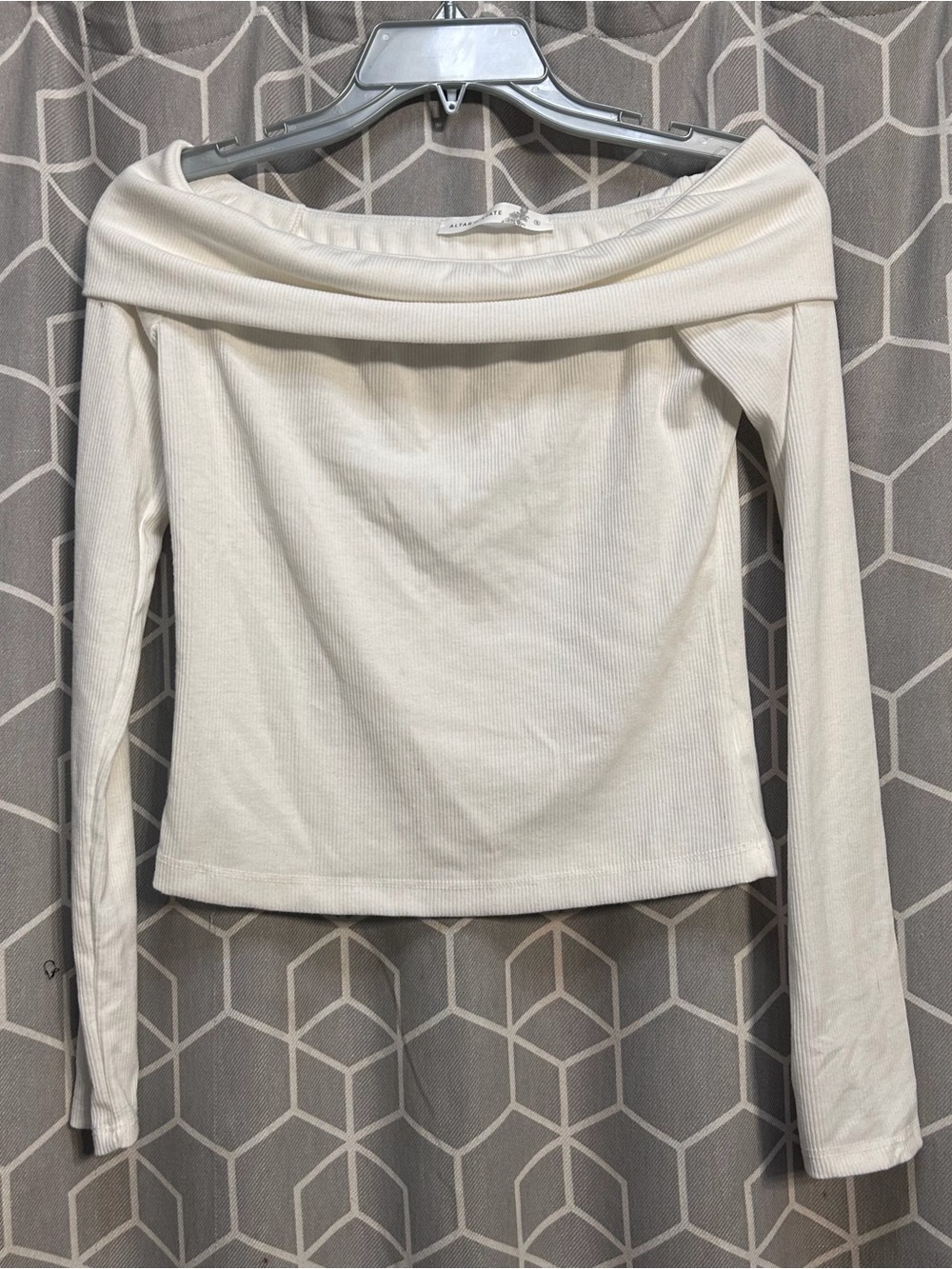 Altar'd State Cream Off-Shoulder Ribbed Long Sleeve Top